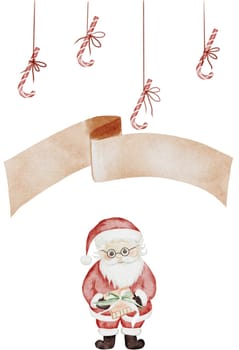 Christmas Santa card. Hand drawn cute grandpa with sweets and gift. Clip art New Year illustration. Perfect for New Year's invitations. High quality illustration