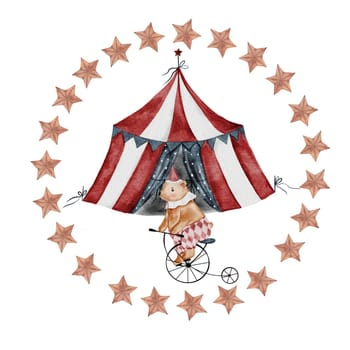 Circus cute watercolor. Hand drawn composition with a bear on a bike. Clip art on isolated white background of bright circus tent with stars in circle. Ideal for posters and baby cards