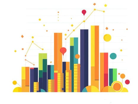 This graphic illustrates various colorful bars and shapes representing data trends and statistics in a bold, abstract style.
