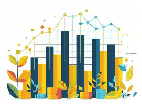 Charts and graphs filled with vibrant colors show data trends, accompanied by stylized plants and stacks, conveying a sense of growth and financial progress.