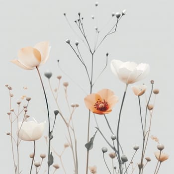 A cluster of delicate flowers in soft pink and white hues sways gently, showcasing their intricate petals and slender stems.