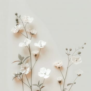 A cluster of delicate flowers in soft pink and white hues sways gently, showcasing their intricate petals and slender stems.