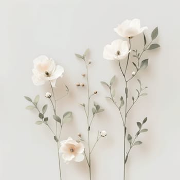 A cluster of delicate flowers in soft pink and white hues sways gently, showcasing their intricate petals and slender stems.