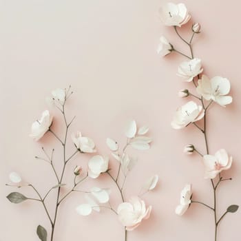 A collection of delicate flowers with varying shapes and soft colors, arranged artfully against a gentle pink backdrop, evoking a tranquil spring vibe.