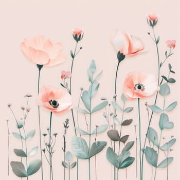 A collection of delicate flowers with varying shapes and soft colors, arranged artfully against a gentle pink backdrop, evoking a tranquil spring vibe.