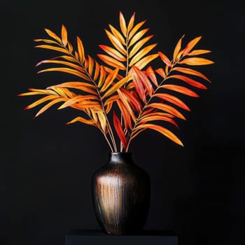 Colorful autumn leaves arranged in a dark ceramic vase, highlighting their rich hues against a contrasting black backdrop.