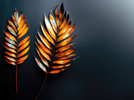 Two striking leaves display rich golden colors, showcasing their intricate details and textures on a dark backdrop.