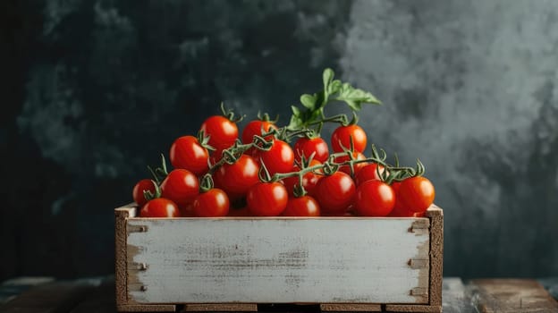 A basket filled with bright red cherry tomatoes, freshly harvested, displayed against a textured dark backdrop.
