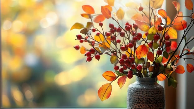 A vase holds vibrant autumn leaves and red berries, illuminated by soft light from a window.