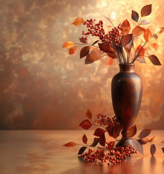 A vase filled with autumn leaves and berries is positioned on a wooden surface, enhanced by a soft, warm background glow.