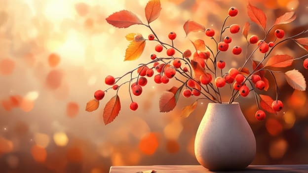 Bright red berries and colorful leaves fill a vase, basking in the warm glow of sunlight during autumn, creating a cozy atmosphere.
