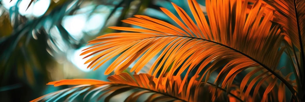 Vibrant orange palm leaves stand out against a backdrop of green foliage in dappled sunlight.