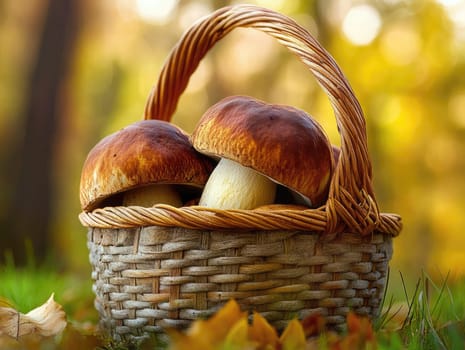 Two large mushrooms nestled in a wicker basket, set against a backdrop of vibrant autumn foliage.