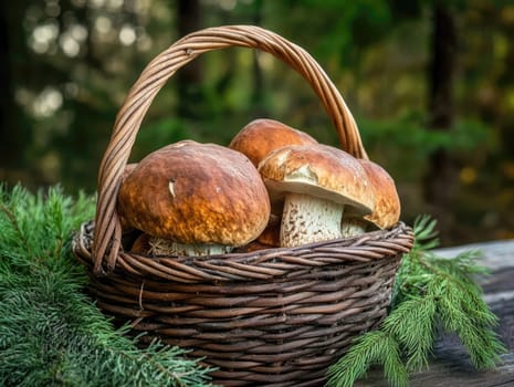 A wicker basket holds several freshly picked mushrooms, nestled among evergreen branches in a serene forest.