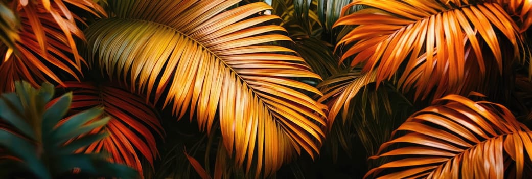 Lush leaves display bright golden and green shades under warm sunlight in a tropical rainforest.