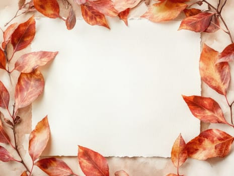A collection of red and orange autumn leaves surrounds an empty canvas, ready for creative expression.