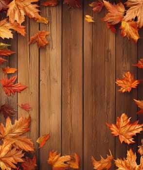 Colorful autumn leaves are scattered across aged wooden planks, creating a cozy, seasonal atmosphere.