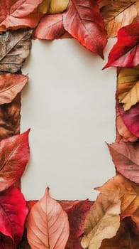 Colorful autumn leaves in shades of red, orange, and brown surround a blank card on a textured background.