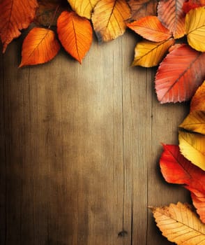 Colorful autumn leaves in shades of orange and red are arranged around a textured wooden background.