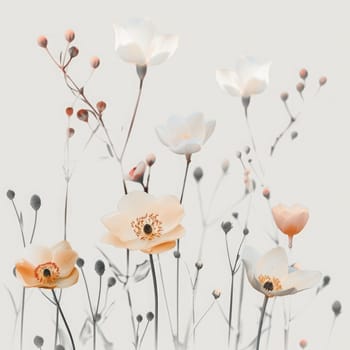A collection of delicate flowers with varying shapes and soft colors, arranged artfully against a gentle pink backdrop, evoking a tranquil spring vibe.
