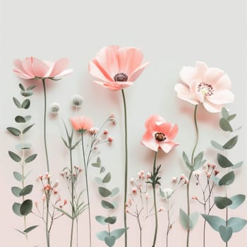A collection of delicate flowers with varying shapes and soft colors, arranged artfully against a gentle pink backdrop, evoking a tranquil spring vibe.