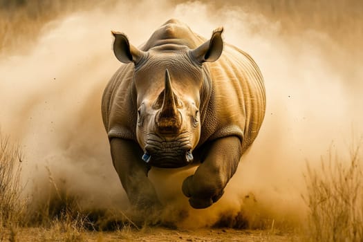 A determined rhinoceros runs forcefully, kicking up dust in a golden-hued savanna setting.