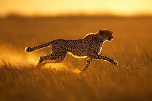 Side view of cheetah walking through sunlit grassland, body outlined by golden light at sunset.