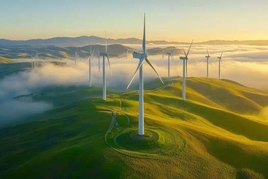 Wind turbines emerging from morning fog in a lush green valley, with golden sunlight and mountains in background.