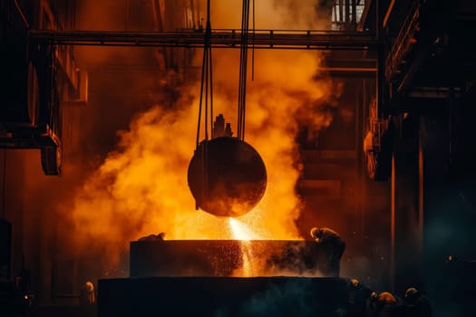 Large suspended container pours molten metal into mold in steel mill, workers oversee process amid smoke and fire.