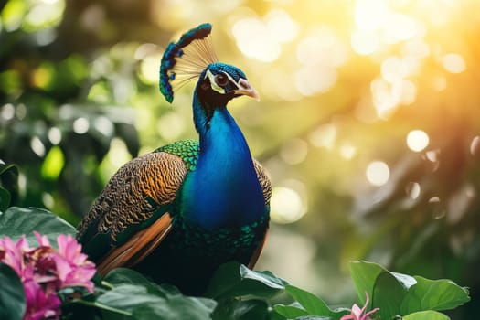 Close-up of a colorful peacock with iridescent blue neck and ornate crest among lush foliage and pink flowers.