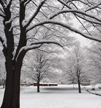 A snowy landscape with a red barn and three trees. The trees are covered in snow and the snow is covering the ground. The scene is peaceful and serene, with the snow creating a quiet