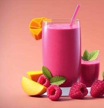 A glass of pink smoothie with raspberries and a slice of orange