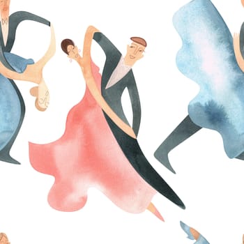 Ballroom dancing, standard. Adult couples on the parquet. Isolated watercolor illustration. Seamless pattern. White background.