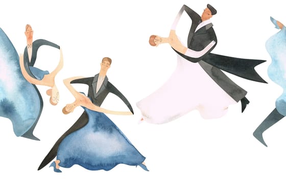 Ballroom dancing, standard. Adult couples on the parquet. Isolated watercolor illustration. Seamless border, banner for website design of a school or ballroom dance studio