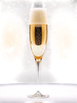 Rona Gala Champagne flute, lead-free crystal, elongated curved bowl, strings of bubbles in golden liquid, soft front lighting, wedding toast mood, pure white background.