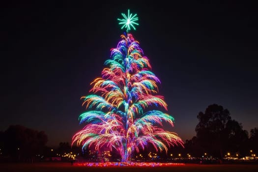 Massive multicolored fireworks display in the shape of a Christmas tree illuminating the night sky.