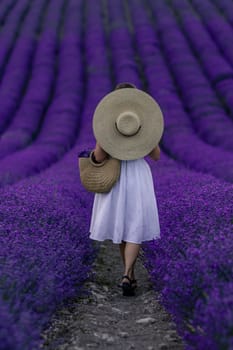 A woman is walking through a field of purple flowers. She is wearing a straw hat and carrying a basket. The scene is peaceful and serene, with the purple flowers creating a calming atmosphere