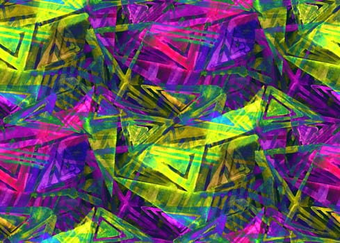 Irregular geometry on a seamless pattern with watercolor painted triangles. A mix of silhouettes of bright neon shapes for modern trendy youth outerwear textiles and surface design