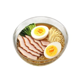Comforting ramen bowl with rich broth tender pork belly soft boiled egg and bamboo shoots. close-up food, isolated on transparent background