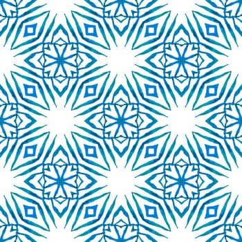 Ethnic hand painted pattern. Blue powerful boho chic summer design. Textile ready ravishing print, swimwear fabric, wallpaper, wrapping. Watercolor summer ethnic border pattern.