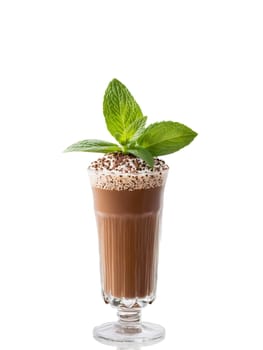 Nicaraguan Pinolillo with sprinkle of cocoa powder and sprig of mint in tall glass. Drink isolated on transparent background.