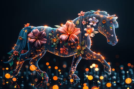 Futuristic horse adorned with glowing flowers, blending elements of technology and nature in a vibrant cyberpunk style. Concepts of innovative digital art, fantasy themes, and the fusion of the organic with the artificial.