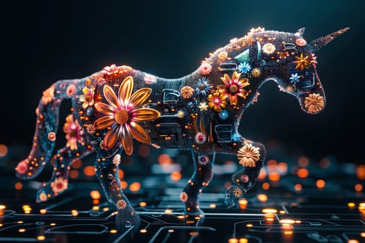 Futuristic unicorn adorned with glowing flowers, blending elements of technology and nature in a vibrant cyberpunk style. Concepts of innovative digital art, fantasy themes, and the fusion of the organic with the artificial.