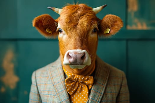Anthropomorphic cow dressed in a plaid suit and tie. Concepts of conceptual art, fantasy, or creative expression, blending elements of human fashion with animal characteristics.