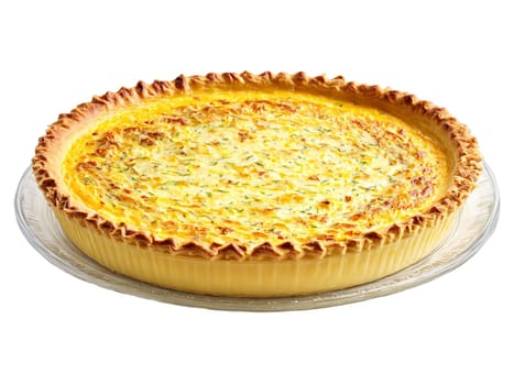 Quiche lorraine golden crust visible on a clear glass pie plate high resolution texture shot. Food isolated on transparent background.
