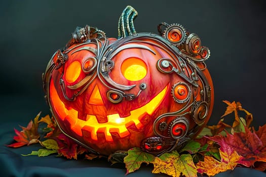 Steampunk Halloween pumpkin. AI generated.
