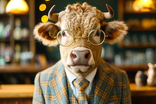 Bull in a plaid suit and wearing glasses. Concepts of fantasy, and humorous projects.