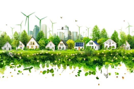 Sustainable living and the harmonious integration of nature within urban environments. Concepts related to green energy, renewable resources, and sustainable urban development.
