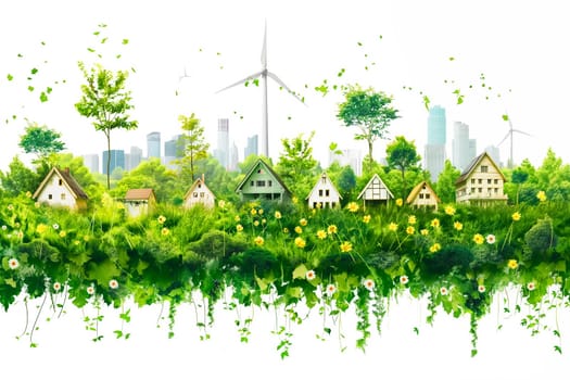 Sustainable living and the harmonious integration of nature within urban environments. Concepts related to green energy, renewable resources, and sustainable urban development.