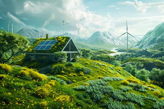 Sustainable living and the harmonious integration of nature within urban environments. Concepts related to green energy, renewable resources, and sustainable urban development.